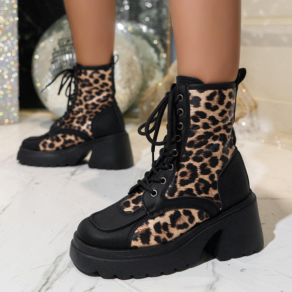 Leopard Print Chunky Heel Booties - British Style Womens Lace-up Platform