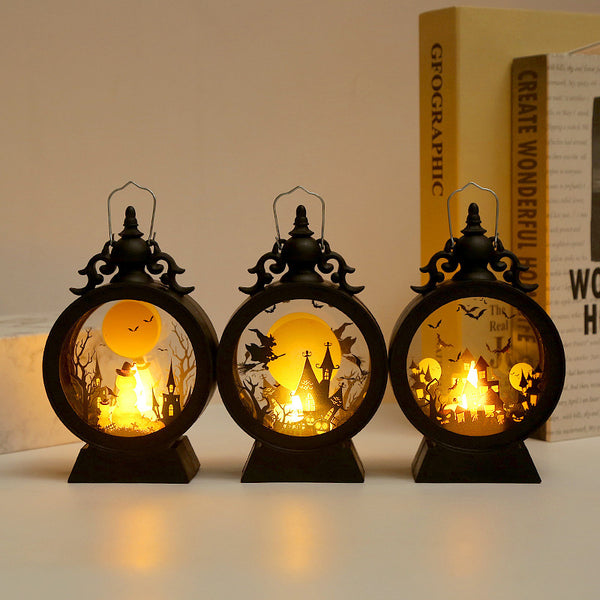 Retro Halloween Lantern - Portable Storm Lantern with Spooky Candle Holder