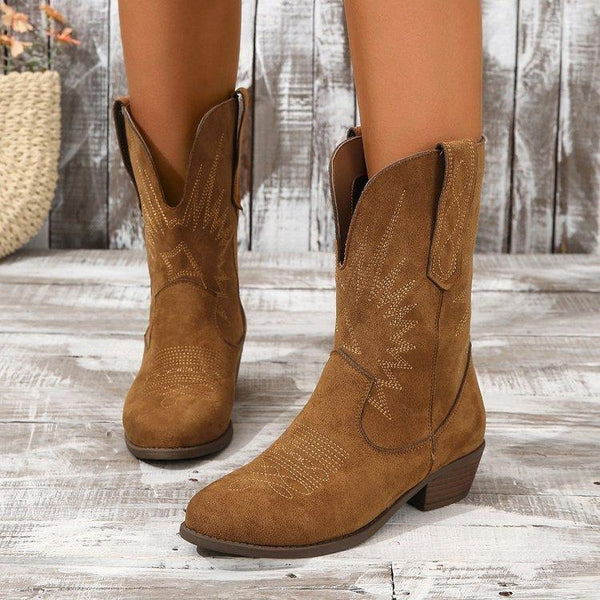 Suede Western Ankle Boots - Pointed Toe - Chunky Heel - Brown - Womens