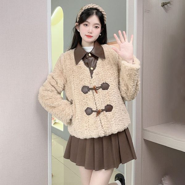 Womens Color Stitching Lamb Wool Coat with Turnover Neck - Thickened and Cozy