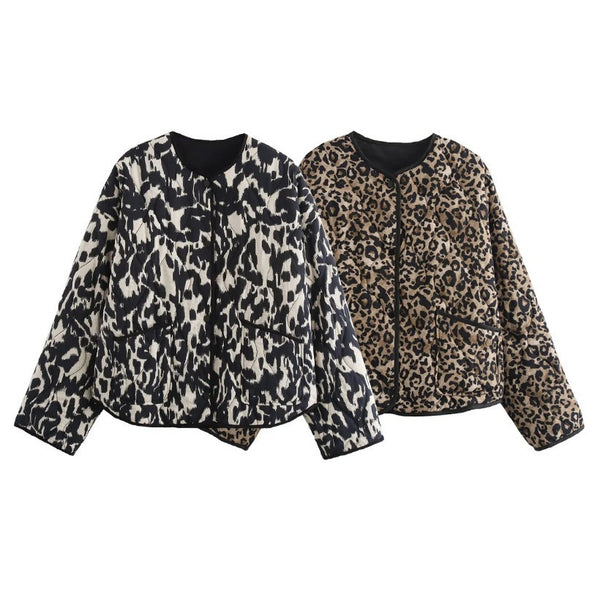 Leopard Print Womens Crew Neck Coat - Stylish and On-Trend