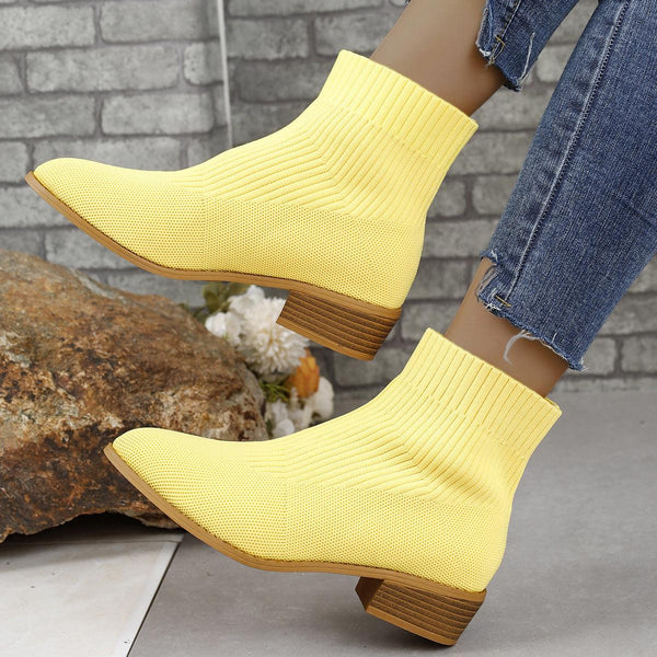 Stylish Mid-Tube Knit Sock Ankle Boots for Women with Chunky Heel and Pointed Toe