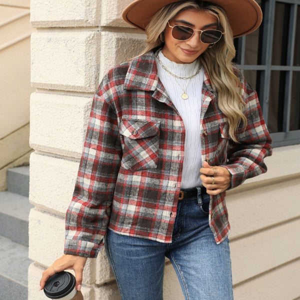 Plaid Woolen Coat with Lapel Collar and Loose Fit  Perfect for Cooler Weather