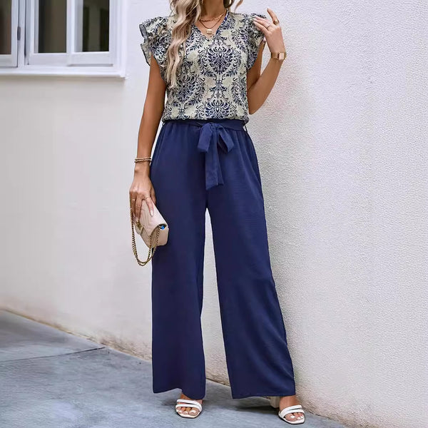 Floral V-Neck Suit with Wide Leg Pants - Stylish and Versatile