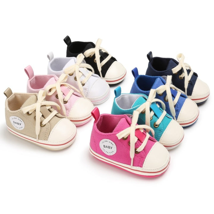 Newborn Baby Canvas Sneakers Infant First Walkers Lace-up Shoes for Girls Prewalker 0-18M Size - Totostore