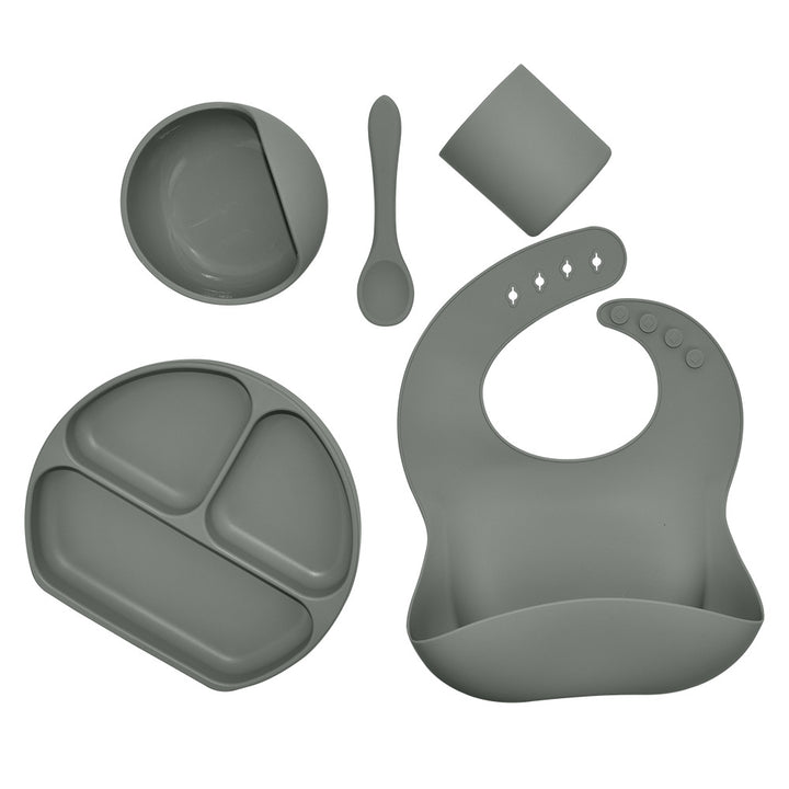 Silicone children's tableware set baby feeding complementary food tableware saliva pocket suction cup bowl spoon dinner plate bib 5-piece set - Totostore