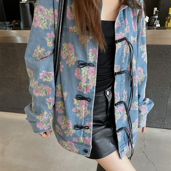 Floral Washed Denim Punk Coat - Full Printed Design with Edgy Sense