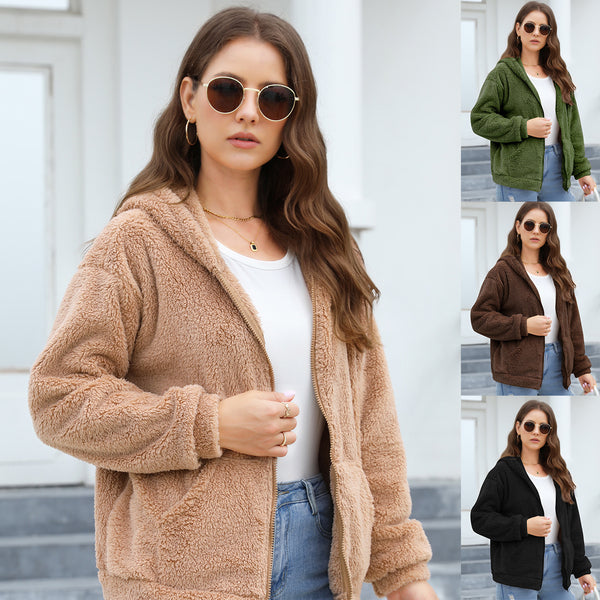 Thickened Hooded Plush Coat for a Cozy and Casual European American Look