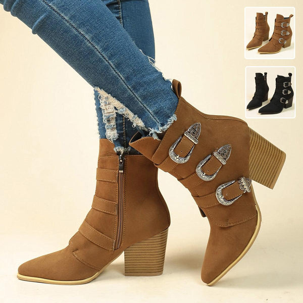 Retro Chunky Heel Pointed Toe Boots with Belt Buckle Design for Women - FallWinter Fashion Shoes