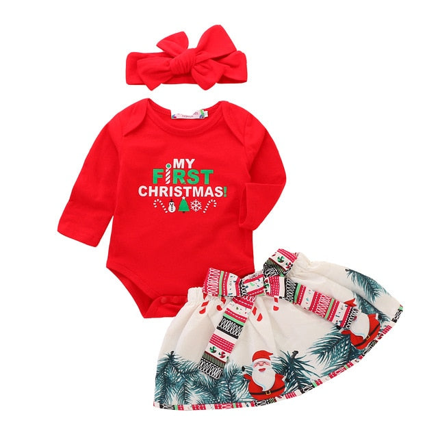 Adorable 3-Piece Baby Girl Christmas Outfit - Red Top Skirt Bow Headband Set - Totostore