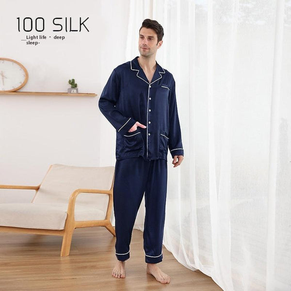 22M Heavy Mulberry Silk Mens Pajama Set with Lapel for Comfortable Homewear