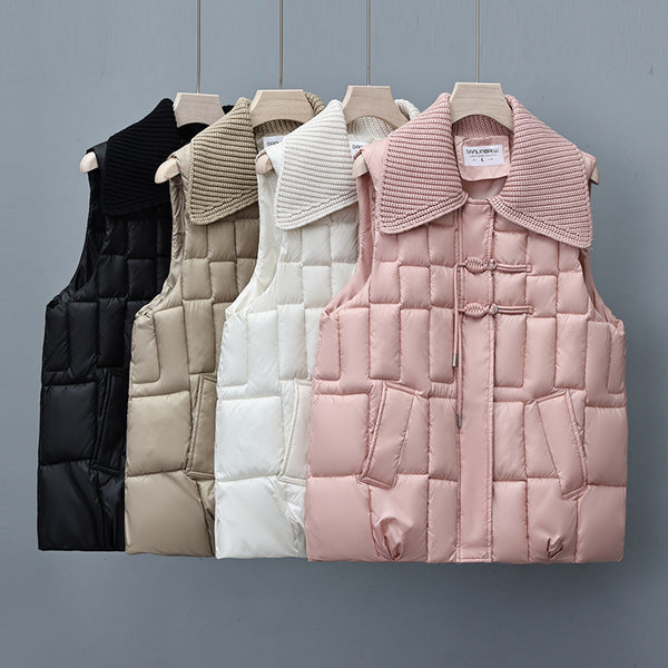 National Style Stand Collar Knitted Cotton-padded Vest - Sleeveless with Buckle Closure