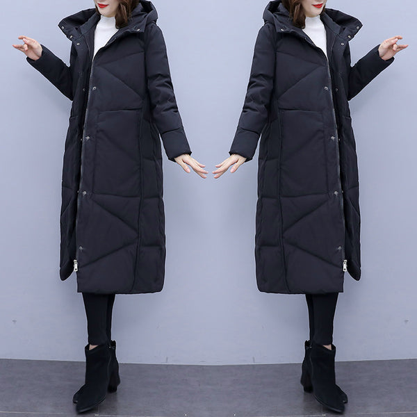 Loose Hooded Cotton Jacket - Over Knee Length for Women