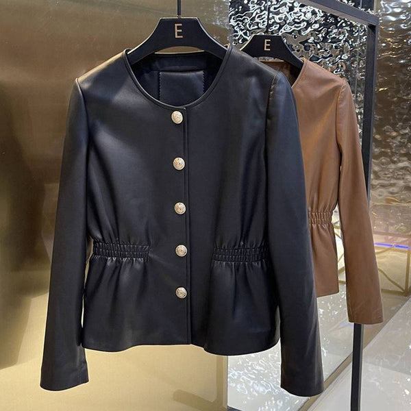 Round Neck Washed Leather Single-breasted Waist Slim Fit Coat