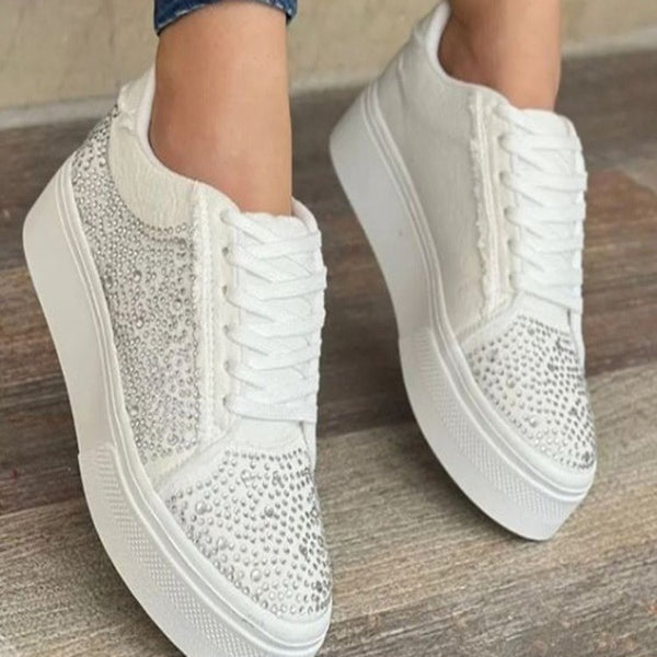 Stylish Plus Size Womens Sports Shoes with Thick Bottom Lace-up Design and Glittering Rhinestones