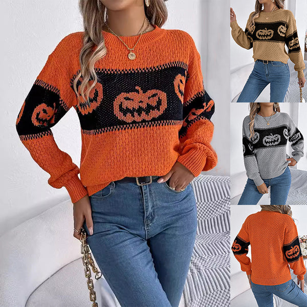 Halloween Pumpkin Pullover Sweater - Long Sleeve Knitted Top for Women