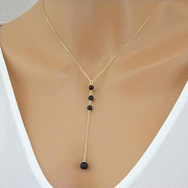 8mm Y-Shaped Obsidian Volcanic Rock Pendant with Sweet Round Beads - Perfect for Gifting