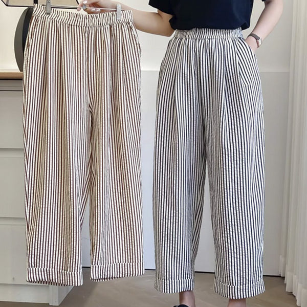 Vertical Stripes Casual Straight Pants - Elastic Waist Loose Fit