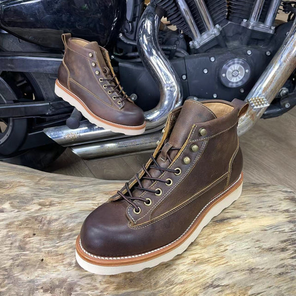 Mens Retro High-Top Leather Motorcycle Boots - Classic Worker Style