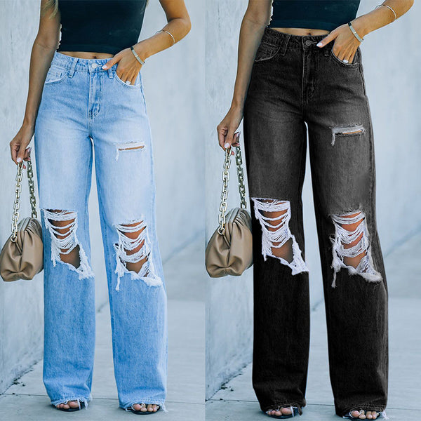 Ripped Wide Leg Womens Jeans Trendy Stylish Denim Pants