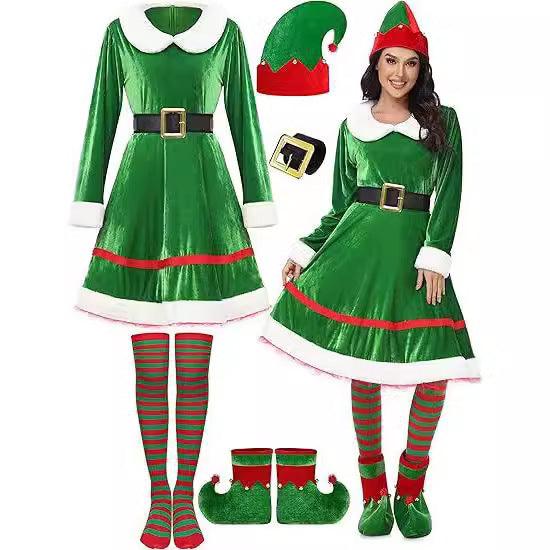 Womens Christmas Elf Suit Velvet Dress with Belt Striped Over Knee High Socks