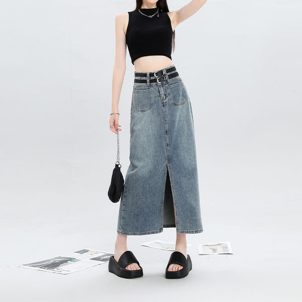 Double Belt Slit Denim Skirt - Womens  Stylish  Versatile