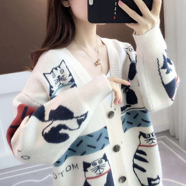 Autumn  Winter Cartoon Cat Contrast Sweater Coat - Loose  Lazy Style Knitted Cardigan for Women - Fashionable All-match