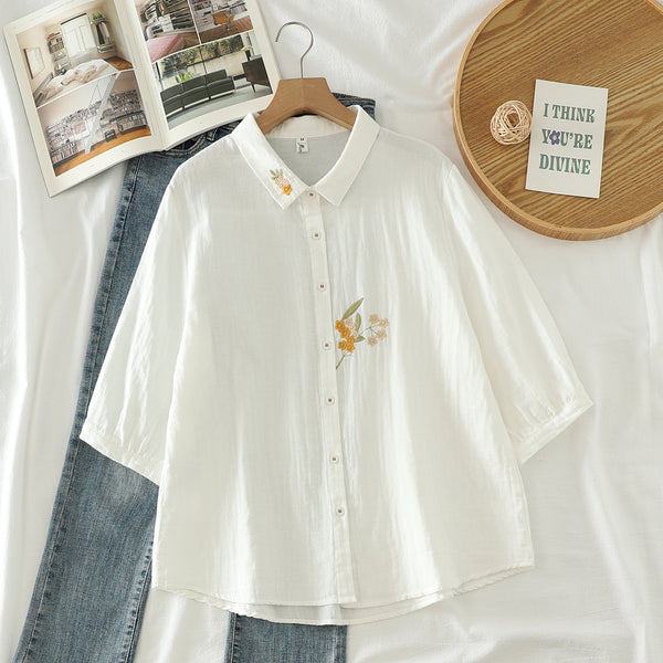 Artistic Embroidered Double-Layer Cotton Top  Half Sleeve Loose-Fit Shirt  New Arrival