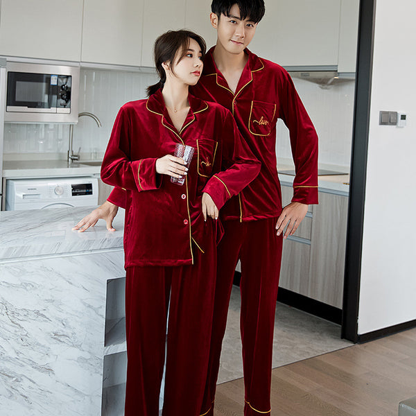 Red Gold Velvet Couple Pajamas for Spring and Autumn - Womens and Mens Long-Sleeved Home Wear