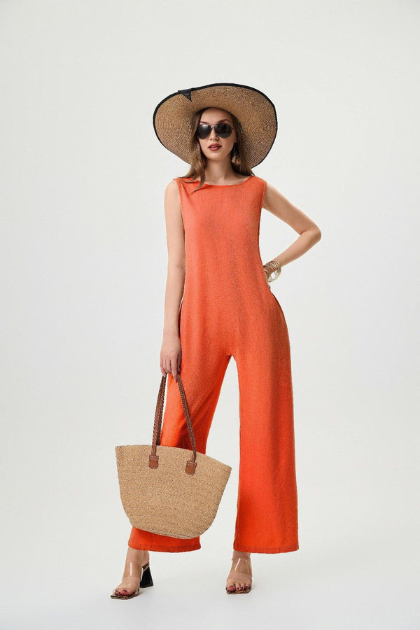 Womens Linen Jumpsuit - Breathable Comfortable Classic H-Line Design with Pockets - Black Apricot Orange Red Available