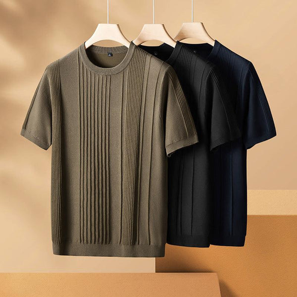 Men's Plus-sized Casual Round Neck Jacquard Sweater With Short Sleeves