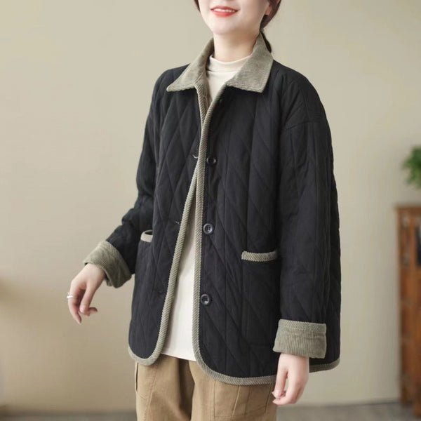 Vintage Collar Loose Jacket - Cotton-Padded with Rhombic Lapel Detail and Stitching