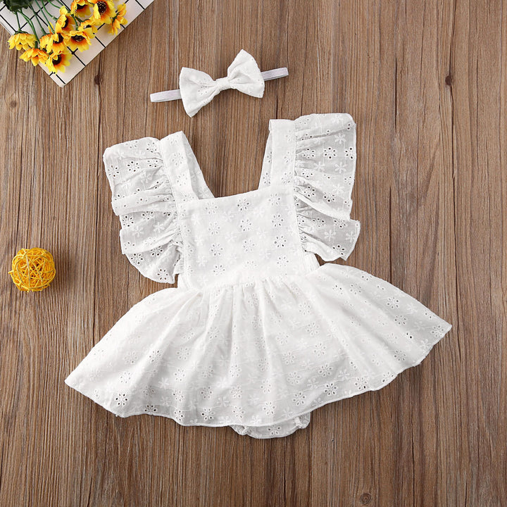 Newborn Girl Romper Dress with Flower Ruffle Detail Matching Headband Set - Solid Color Cotton Outfit - Totostore