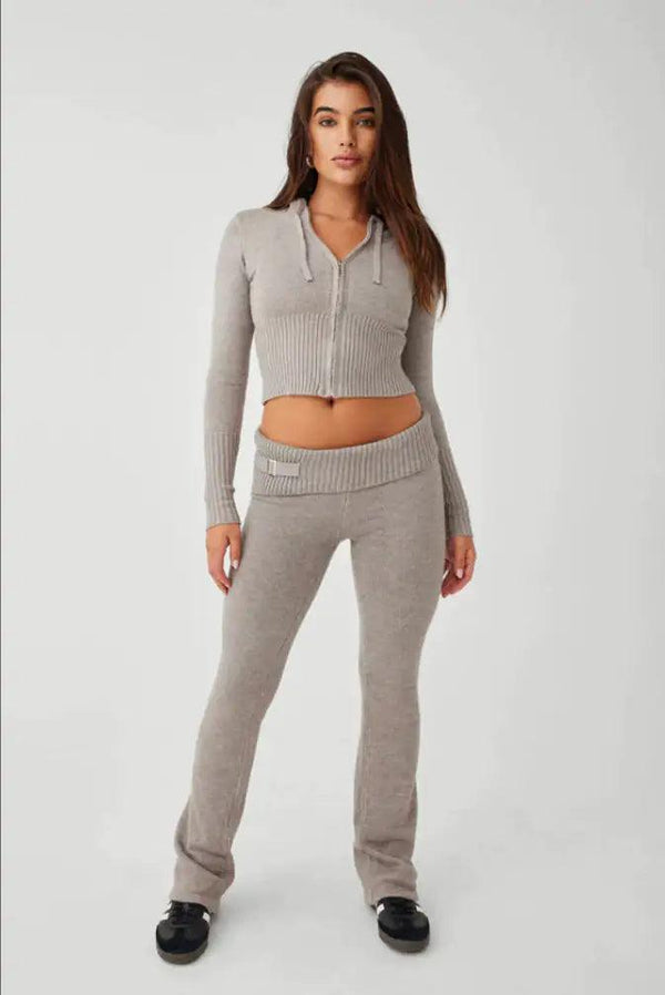 Chic Knitted Zip-Up Two Piece Clothing Set - Perfect for Any Occasion