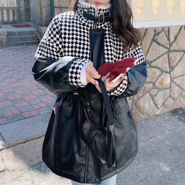 Chessboard Plaid PU Leather Fleece-Lined Jacket with Thick Loose Stitching and Cotton Padding