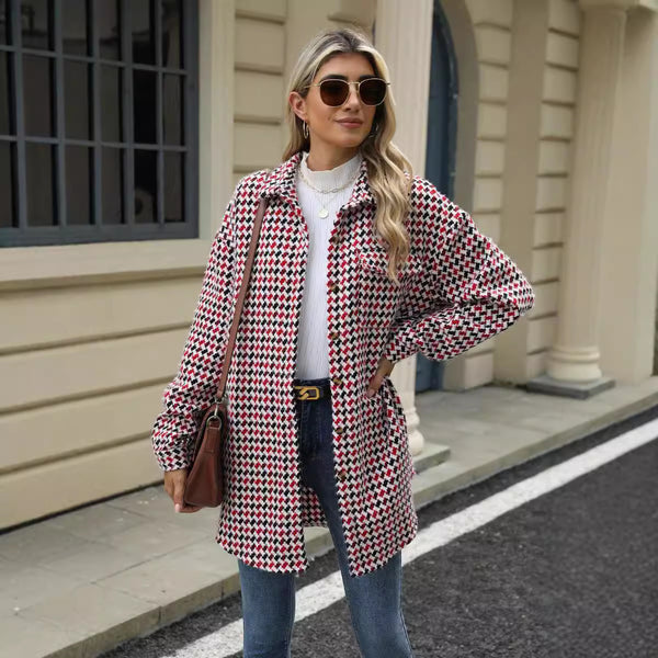 Chic Houndstooth Mid-length Coat for Women - Perfect for Any Occasion