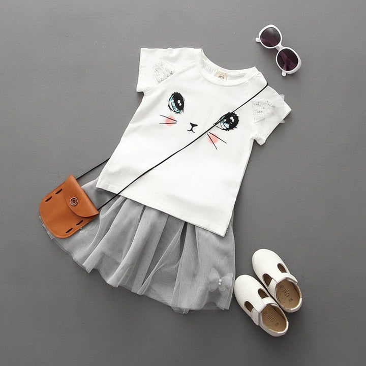 Girls 2-Piece Cat Print T-shirt and Tutu Dress Set - Short Sleeve Outfit for Ages 2-7 with Cute Kitty Theme - Totostore