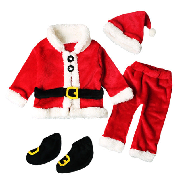 Newborn Baby Santa Xmas 4-Piece Winter Outfit Set with Tops Pants Hat and Socks - Totostore