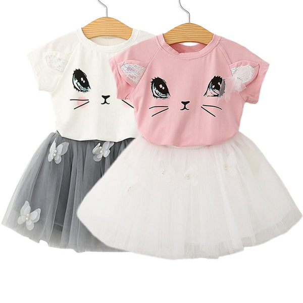 Girls 2-Piece Cat Print T-shirt and Tutu Dress Set - Short Sleeve Outfit for Ages 2-7 with Cute Kitty Theme - Totostore