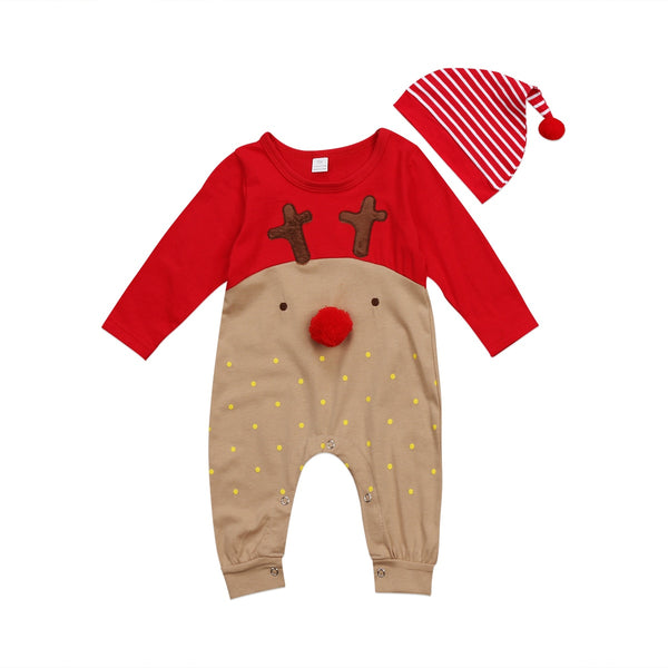 Newborn Christmas Deer Romper Set - Long Sleeve Jumpsuit Hat and Sleepwear for Baby Boy or Girl - Totostore