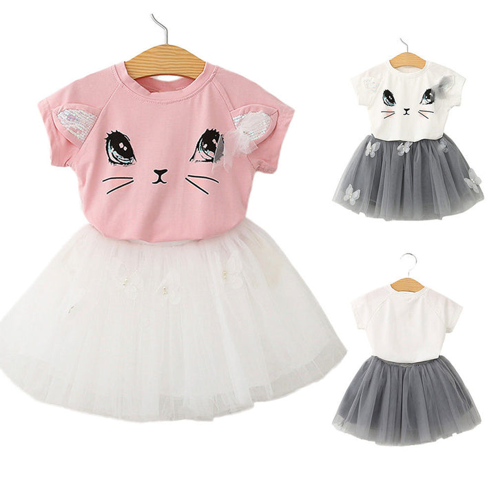 Girls 2-Piece Cat Print T-shirt and Tutu Dress Set - Short Sleeve Outfit for Ages 2-7 with Cute Kitty Theme - Totostore