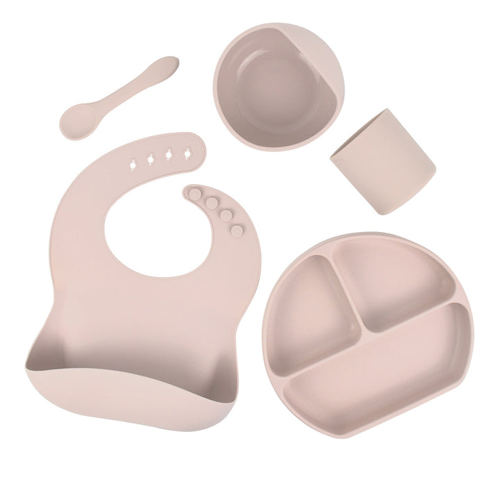 Silicone children's tableware set baby feeding complementary food tableware saliva pocket suction cup bowl spoon dinner plate bib 5-piece set - Totostore