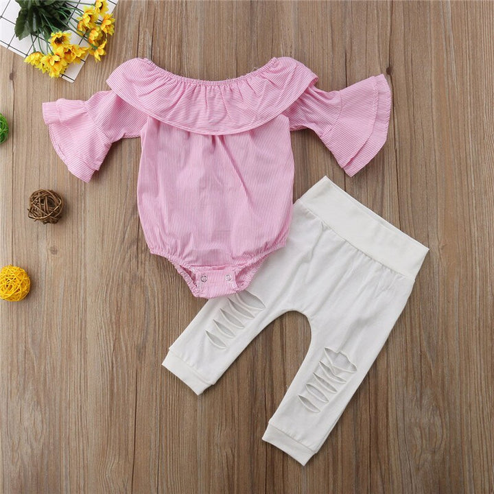 2-Piece Baby Girls Clothing Set Off Shoulder Romper and White Ripped Jeans for Newborn Girls - Totostore