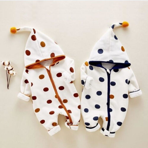 Newborn Baby Hooded Jumpsuit Autumn Winter Dot Long Sleeve Romper Casual Zipper Outfit for Boys and Girls - Totostore