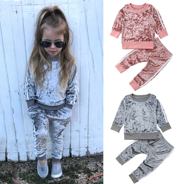 Girls Velvet Winter 2PC Outfit Set - Long Sleeve T-shirt and Pants Combo - Totostore