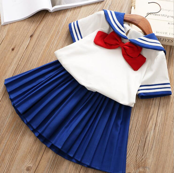 Baby Girls Preppy Sailor Moon Set Blue Bow Top Pleated Skirt - Boutique Style Childrens Clothes - Totostore