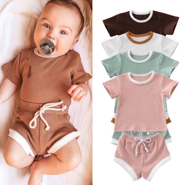 Infant Summer Clothing Short Sleeve T-shirtShorts Pants Ribbed Solid Outfits 0-3T Baby GirlBoy Clothes - Totostore