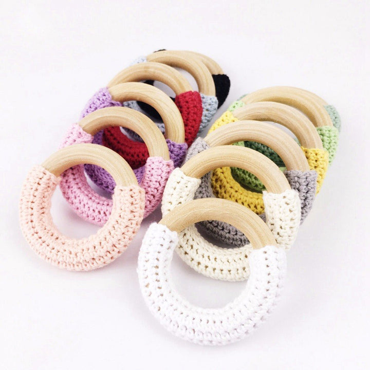 10pc Natural Maple Wood Teether with Chunky Crochet Ring - Organic Baby Teething Toy - Totostore