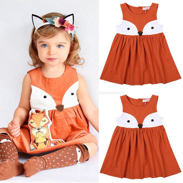 Cute Toddler Kids Fox Dress - Summer Sleeveless Party Dress for Girls 1-5Y - Childrens Casual Cotton Clothing - Totostore