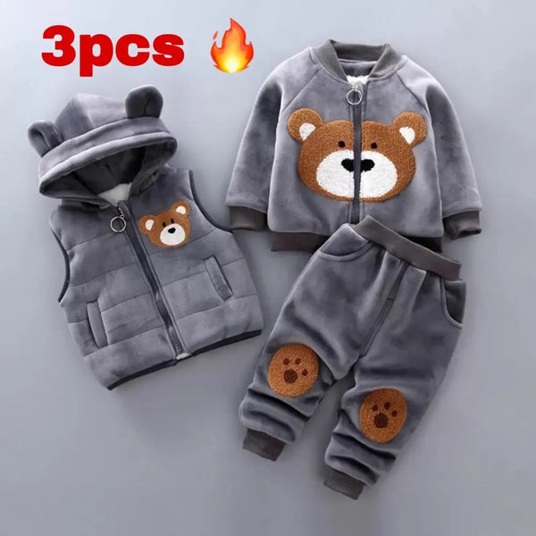 Baby Bear Warm Suit Cotton Plus Velvet Padded Sweater Hooded Vest Set for Boys Girls - Totostore